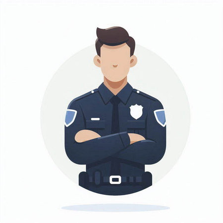Policeman with crossed arms. Vector illustration in flat style.のイラスト素材