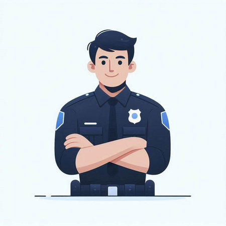Policeman with crossed arms. Vector illustration in cartoon style.のイラスト素材
