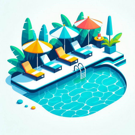 Isometric vector illustration of a swimming pool with sunbeds and umbrellasのイラスト素材