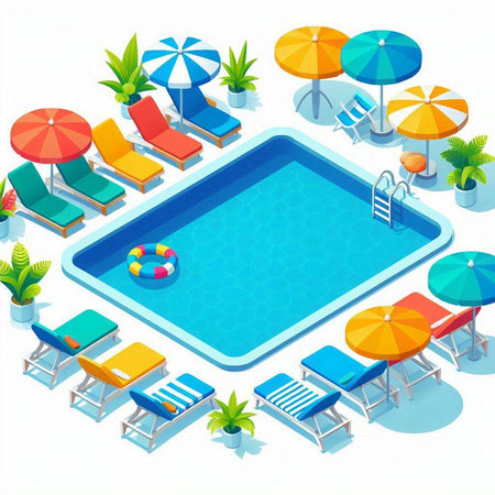 Swimming pool with sun loungers and umbrellas. Vector illustration.のイラスト素材