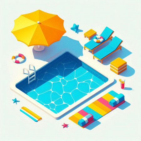 Isometric swimming pool with sunbeds and umbrellas.のイラスト素材