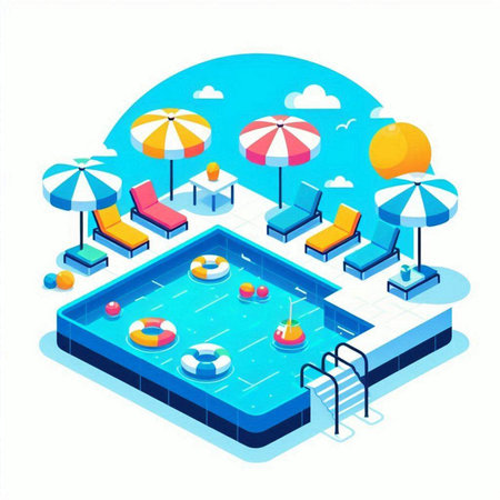 Swimming pool isometric vector illustration. Swimming pool with sun loungers and umbrellasのイラスト素材