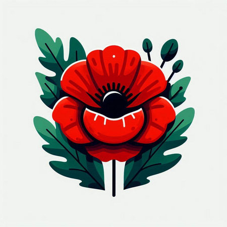 Red poppy flower with green leaves on white background. Vector illustration.のイラスト素材