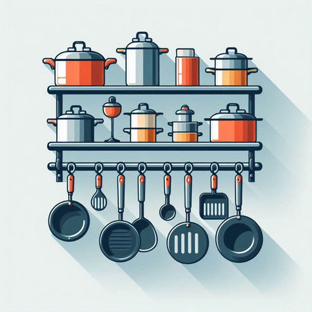 Kitchen utensils on shelves. Vector illustration in flat styleのイラスト素材