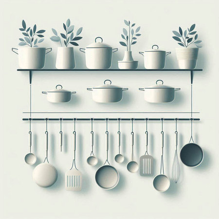 Kitchen utensils on a shelf. 3d illustration.のイラスト素材