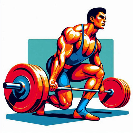 Muscular man lifting a barbell on a white background. Vector illustrationのイラスト素材