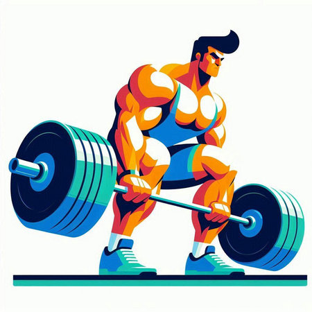 Vector illustration of a strong man lifting a barbell on white backgroundのイラスト素材