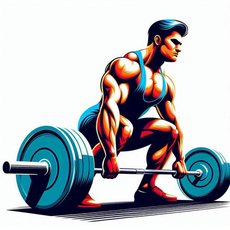 Vector illustration of a strong man lifting a barbell, isolated on white background.のイラスト素材