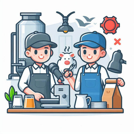 Coffee shop. Vector illustration of a man and woman working in coffee shop.のイラスト素材