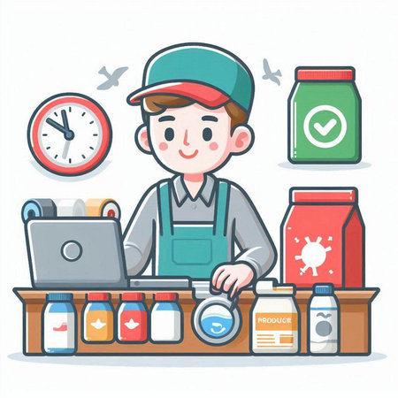Cleaning service concept. Young man working at home. Vector illustration.のイラスト素材