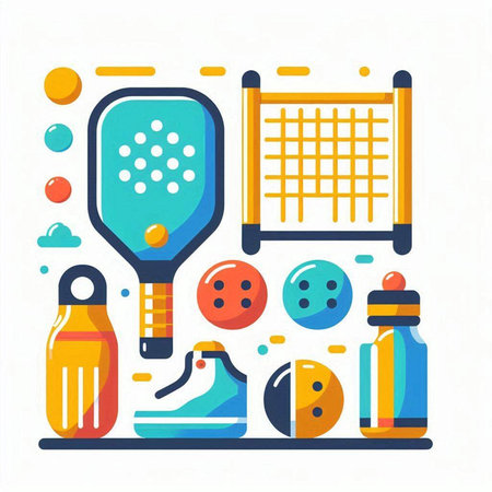 Vector illustration of sport equipment in flat style. Racket, ball, skates, rackets, hockey sticks, water bottle, hockey puck.のイラスト素材