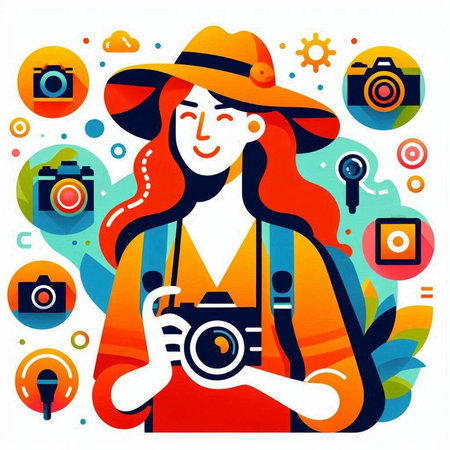 Vector illustration of a girl in a hat with a camera in her handsのイラスト素材