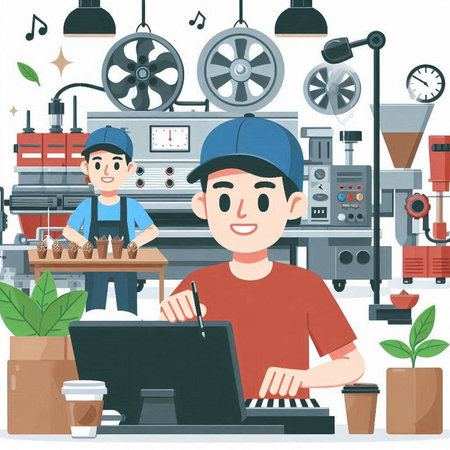 Man working on a laptop in a coffee shop. Vector illustration.のイラスト素材