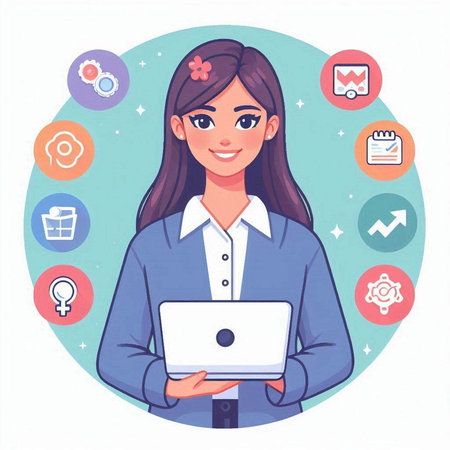 Young woman with laptop and social media icons around. Vector illustration.のイラスト素材
