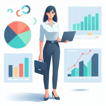 Business woman with laptop and charts. Vector illustration in cartoon style.のイラスト素材