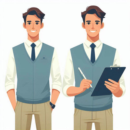 Vector illustration of two young businessmen in office clothes standing with clipboard and pen.のイラスト素材
