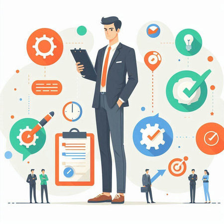 Businessman standing in front of infographics. Vector illustration in flat styleのイラスト素材
