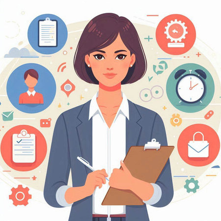 Businesswoman holding clipboard and writing on paper. Vector illustration in flat styleのイラスト素材