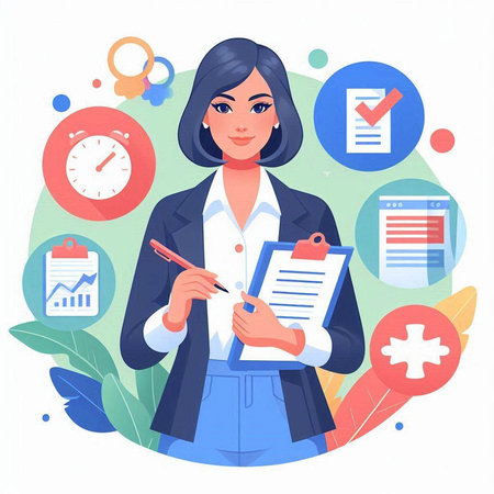 Business woman with clipboard and checklist. Vector illustration in flat style.のイラスト素材