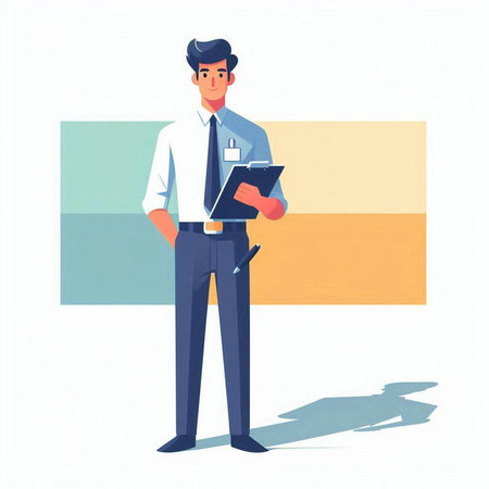 Businessman standing with clipboard and pen. Vector illustration in cartoon styleのイラスト素材