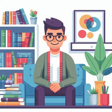 Man in glasses sitting on the couch in the living room. Flat vector illustration.のイラスト素材