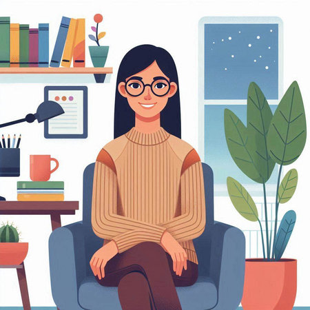 Young woman sitting in armchair at home. Vector illustration in flat styleのイラスト素材