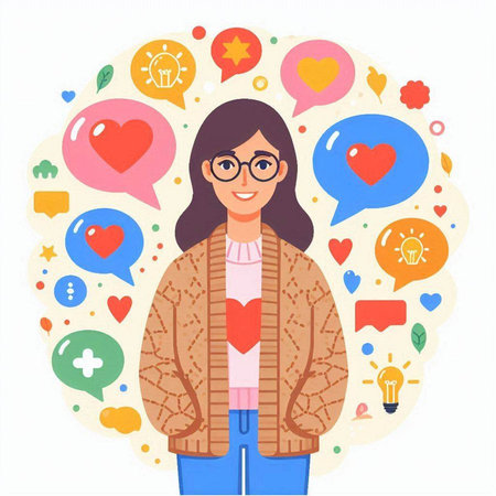 Young woman with social media icons. Vector illustration in flat style.のイラスト素材