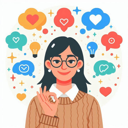 Beautiful young woman with speech bubbles and hearts. Vector illustration.のイラスト素材