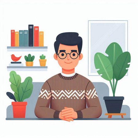 Man in glasses sitting at the table. Vector illustration in flat styleのイラスト素材