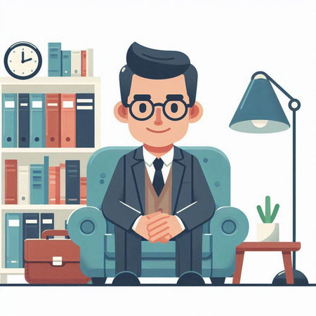 Businessman sitting on chair in office. Vector illustration in flat styleのイラスト素材
