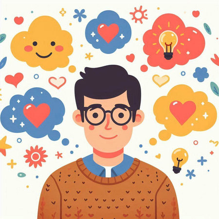 Vector illustration of a young man in glasses with speech bubbles and heartsのイラスト素材