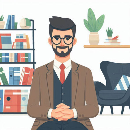 Young caucasian businessman sitting in the office. Vector illustration.のイラスト素材