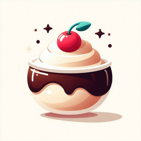 Cupcake with cream and cherry in chocolate glaze. Vector illustration.のイラスト素材
