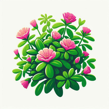 Illustration of a pink flower in a pot with green leaves.のイラスト素材