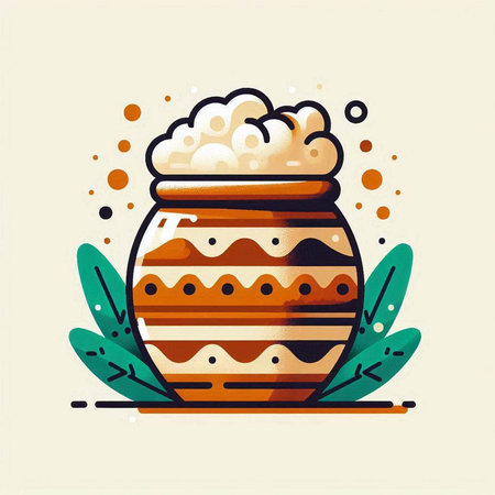 Ceramic pot with popcorn. Colorful vector illustration in flat style.のイラスト素材