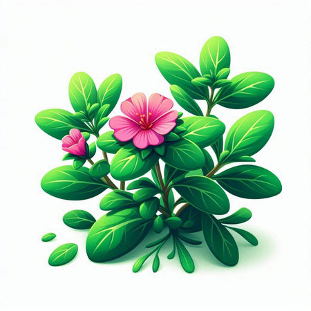 Illustration of a pink flower with green leaves on a white backgroundのイラスト素材