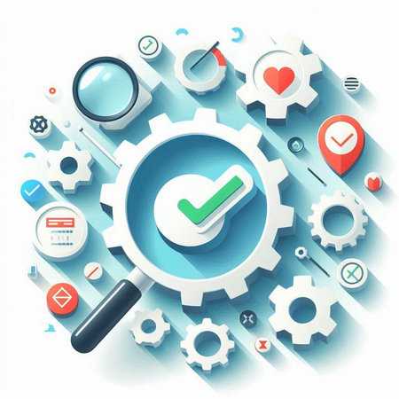 Vector illustration of flat design business concept with magnifier and gear wheelのイラスト素材