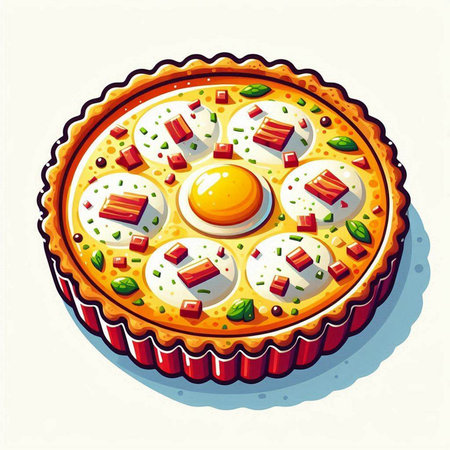 Illustration of a pie with eggs and bacon on a white backgroundのイラスト素材