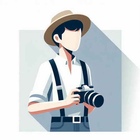 Vector illustration of a man in a hat and suspenders with a camera.のイラスト素材