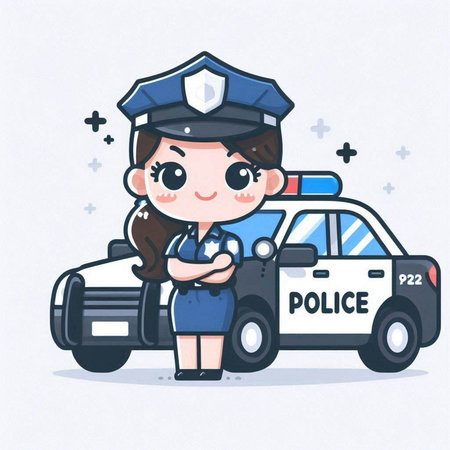 Police woman and police car. Cute cartoon character vector illustration.のイラスト素材