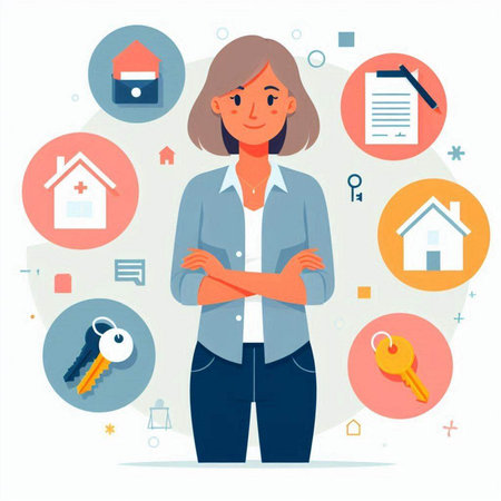 Real estate agent woman with house icons. Vector illustration in flat styleのイラスト素材
