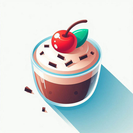 Chocolate pudding with cherry in glass cup. Isometric vector illustration.のイラスト素材