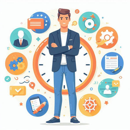 Businessman standing with crossed arms in flat style. Vector illustration.のイラスト素材