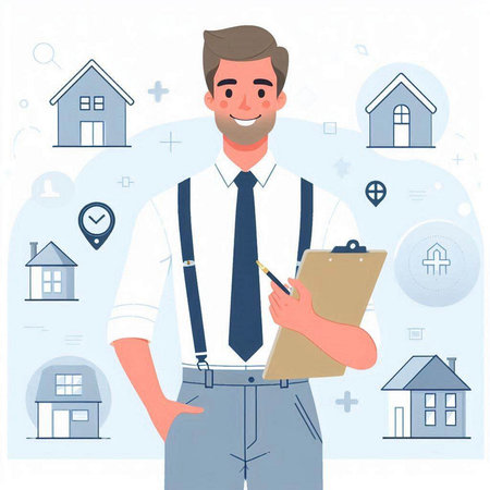 Real estate agent. Male character with clipboard and house icons. Vector illustrationのイラスト素材