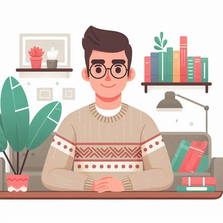 Man in glasses sitting at the table with books. Vector illustration.のイラスト素材