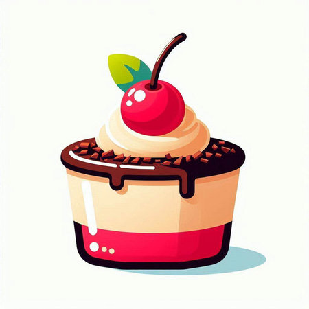 Cupcake with cherry and chocolate on a white background. Vector illustration.のイラスト素材