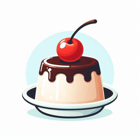 Cake with cherry on a plate. Vector illustration in cartoon style.のイラスト素材