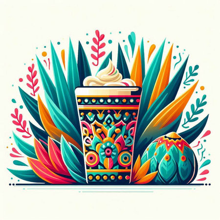 Coffee cup with ice cream on floral background. Vector illustration.のイラスト素材