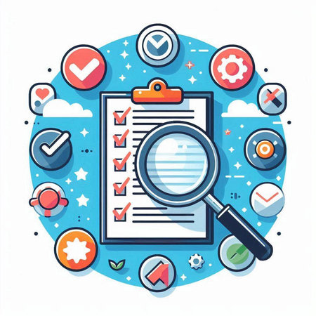 Checklist with magnifying glass and icons, flat vector illustration.のイラスト素材