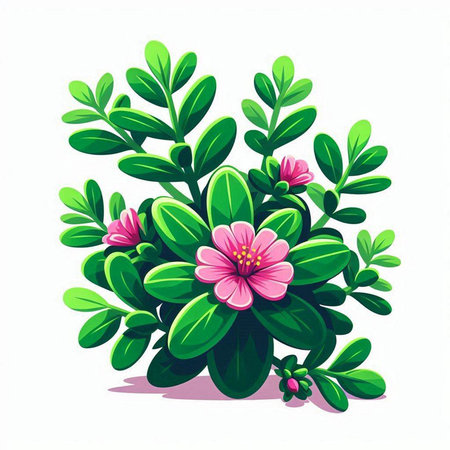 Illustration of a green plant with pink flowers on a white backgroundのイラスト素材